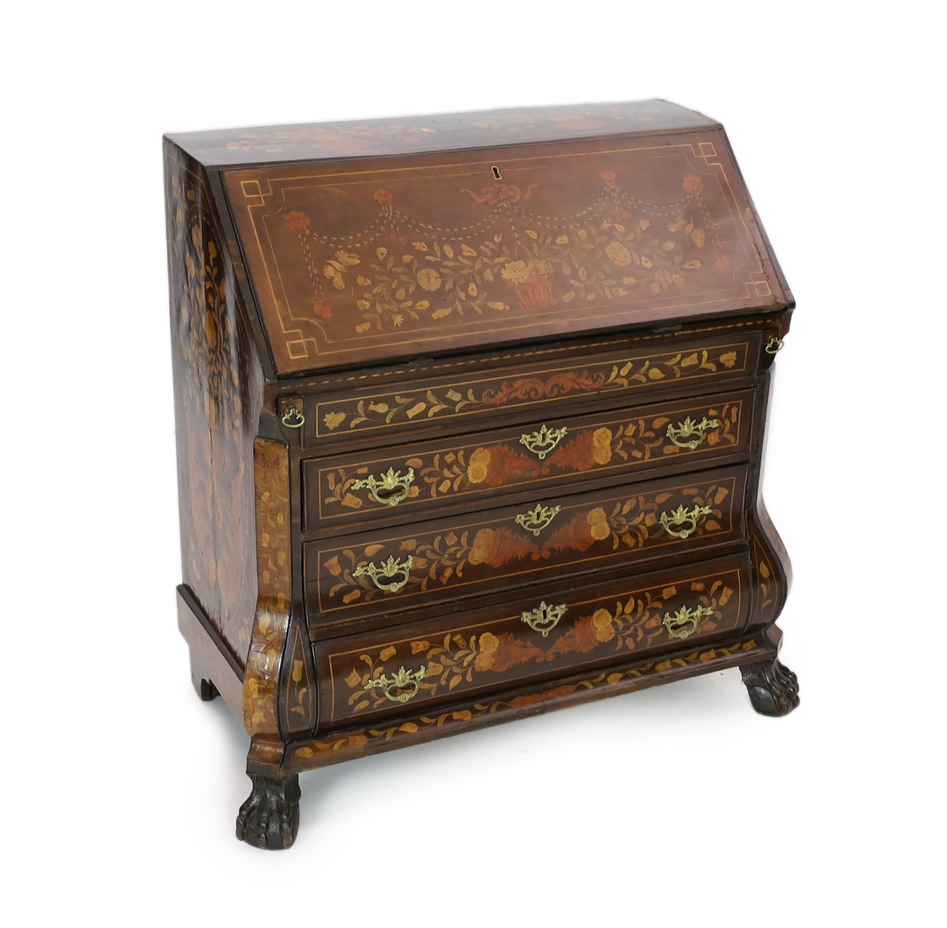 A late 18th century Dutch mahogany and floral marquetry bombé bureau, width 120cm, depth 60cm, height 111cm